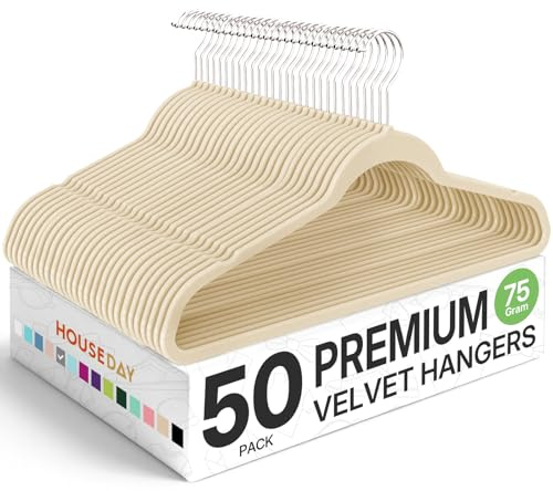 HOUSE DAY Premium Velvet Hangers 50 Pack, Non-Slip Flocked Felt Hangers, Sturdy Clothes Hangers with 360° Rotatable Hook, Heavy Duty Coat Hanger, Durable Slim Beige Hanger for Closet Space Saving