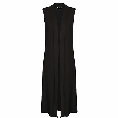 EMRE FASHION® Women’s Ladies Plain Sleeveless Waterfall Boyfriend Cardigans Open Front Long Length Maxi Floaty Duster Jacket Vest Coat Top (Black, 24/26)