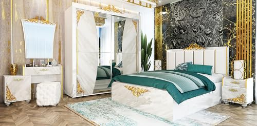 Camera da Letto Completa con Letto Matrimoniale Testiera Imbottita Armadio Ante Scorrevoli Comò e 2 Comodini CDLU34 (letto + rete)