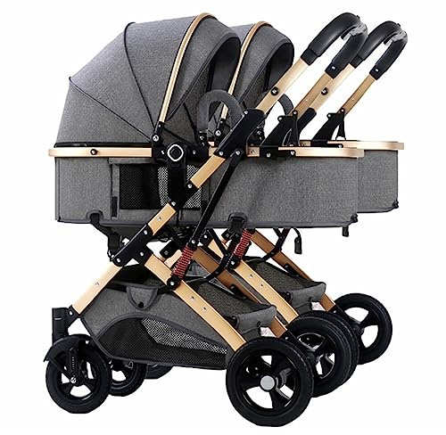 Cochecito Gemelar Side by Side con 2 Asientos Individuales, Paraguas Doble Desmontable Reversible (Color: Grey)
