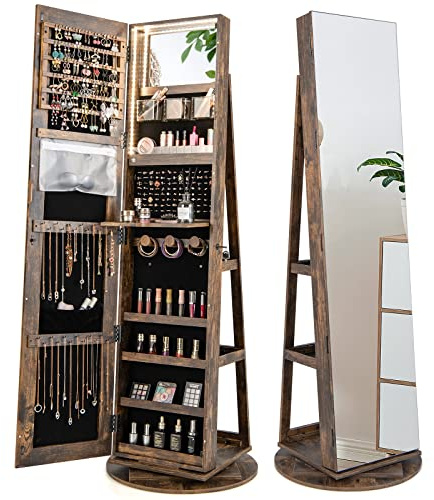 RELAX4LIFE Armadietto Portagioie con Base Girevole a 360°, Specchio da Terra con Luci LED a 3 Colori, Specchio a Figura Intera, Organizzatore per Gioielli e Accessori (Industriale, 161x54,5x54,5cm)