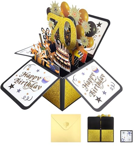 PAITOK 3D-Geburtstagskarte, Pop-Up-Geburtstagskarten, Geburtstagsgeschenke, Happy Birthday-Karte, Grußkarten mit Umschlag für Jungen, Mädchen, Männer, Frauen (Schwarz und Gold, 70. Geburtstag)