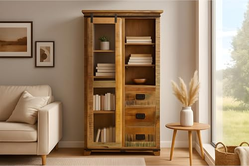 SAM Vitrine Libro, Mangoholz massiv + bunt, Glasvitrine mit Einer Glasschiebetür, 3 Schubladen & 7 offenen Fächern, Türelemente & Reling aus Eisen, 100 x 175 x 43 cm, Shabby Chic