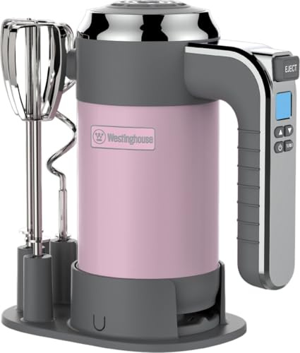 Westinghouse Retro Handmixer, 5 Geschwindigkeitsstufen + Turbofunktion, 2 Rührbesen, 2 Knethaken, LCD-Anzeige, Timer, Sockelboden, 350 Watt, pink
