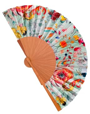 Abanico lleno de color de Madera y Seda artificial hecho a mano en España. Estilo Art Nouveau. Perfecto para el calor del verano