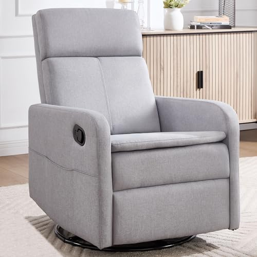 Ketaiyou Swivel Rocking Recliner Chair for Adults, Rocker Nursery Glider Chair for Living Room Bedroom, Upholstered Fabric Reclining Single Sofa Chair(Light Grey)