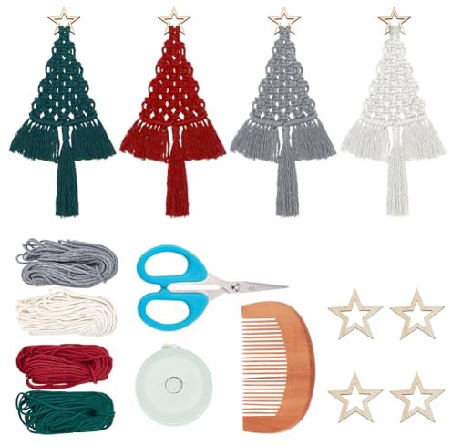 FREEBLOSS 4 Set Christmas Tree Macrame DIY Kit Christmas Tree Hanging Ornaments Wall Hanging Tapestry for Holiday Macrame Tassels Wall Hanging Macrame Kit for Beginners