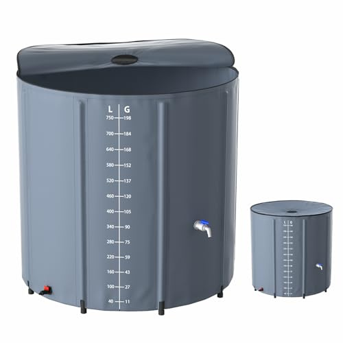 Aufun Serbatoio dell'acqua piovana, 750 l, pieghevole, con valvola di scarico e scala volumetrica, facile da riporre, antiruggine e resistente alle intemperie (grigio)