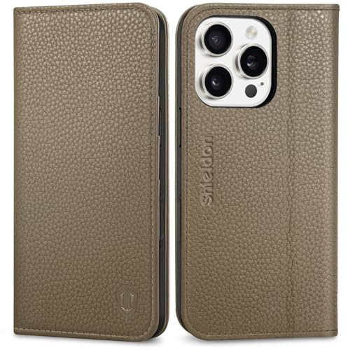 SHIELDON Hülle für iPhone 16 Pro 5G Handyhülle [Echtleder] [Kartenfach] [Ständer] [RFID-Blocker] Magnet Klapphülle Handy Wallet Flip Case Tasche Kompatibel mit iPhone 16 Pro 6,3 2024 Khaki
