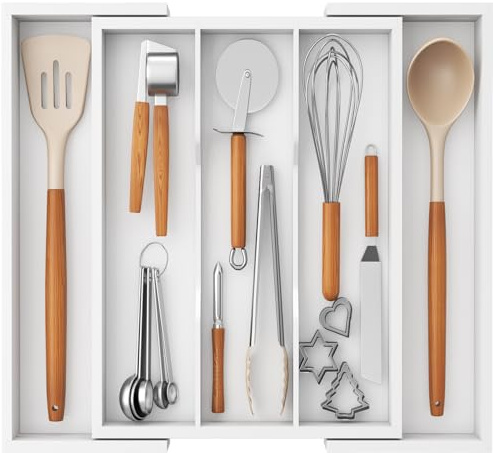 Lifewit Wooden Utensil Drawer Organiser, Extendable Kitchen Cutlery Tray | Silverware Flatware Holder, Adjustable Kitchen Spatula Tools and Gadgets Storage Divider, 33-57x38cm, White