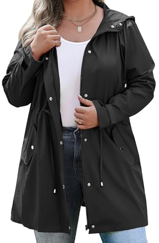 IN'VOLAND Regenjacken in Übergröße für Damen, wasserdicht, mit Kapuze, leichter Windbreaker, Outdoor-Trenchcoat, Schwarz, 52 Große Größen
