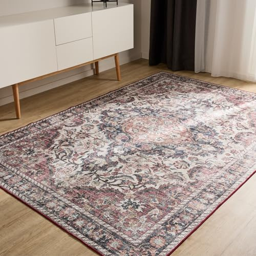 benuta Basic Waschbarer Teppich George - Multicolor/Rot 240x340 cm - Kunstfaser - Rechteckig & im Style: Vintage, Elegant, Retro - Pflegeleicht für Wohnzimmer Schlafzimmer