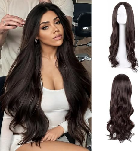 AOWVUTS Peluca Larga Ondulada para Mujeres Pelucas Sintéticas Naturales Pelucas de Pelo de Fibra Resistente al Calor Pelucas de Partición Media para Uso Diario en Fiestas Cosplay
