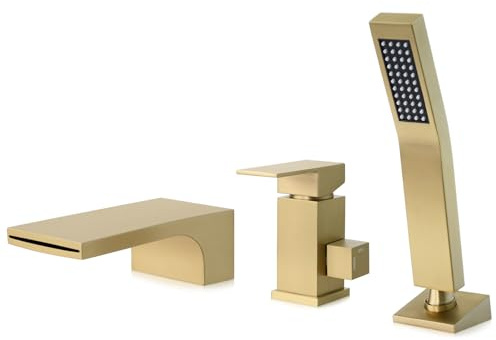 SHANFO Badewannenarmatur, 3 Löcher, Mischbatterie mit Handbrause, 3 Löcher, Wasserfall-Badewannenarmatur, gebürstetes Gold, 6Y4OK