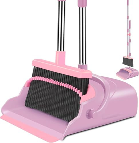 Upright Broom and Dustpan Set - Long Handle for No-Bending Comfort, 3 Rows Dense Bristles for Deep Sweeping, Suitable for Home, Office, Kitchen, Lobby, Shop, Indoor & Outdoor Spaces, Pink & Purple