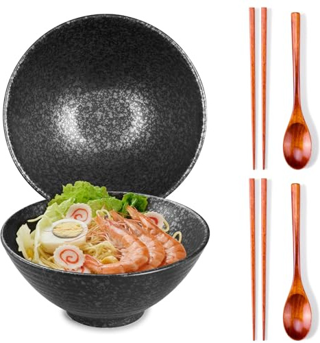 Ceraozmus 2 x 1200 ml Keramik-Ramenschalen,20 cm große japanische Nudelsuppenschüssel,übereinstimmen Essstäbchen und Löffeln,Geeignet für Pho，Udon asiatische Nudeln (Schwarz 2er-Set)
