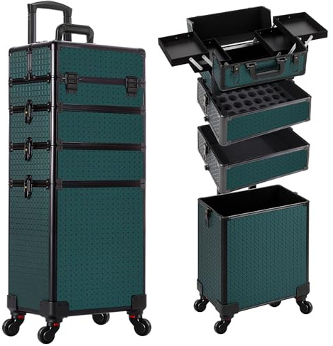 AROUS Rolling Makeup Train Case 4 in 1 Cosmetology Case on Wheels Large Storage Cosmetic Trolley with Key Salon Barber Traveling Cart Trunk, Green