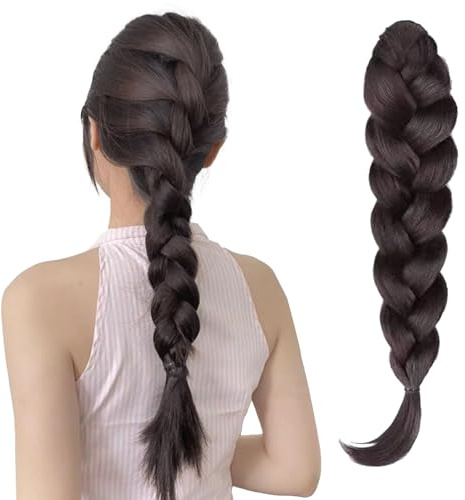 NICENEEDED Extension de Queue de Cheval Tressée de 15.7(5) cm avec Attaches Synthétique Souple Extensions de Cheveux Lisses et Enveloppantes Brun Noir Postiches Queue de Cheval pour Femmes