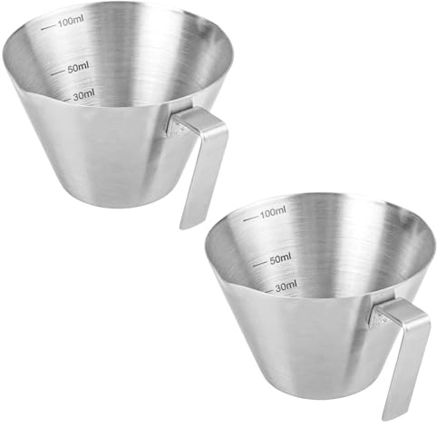 2pcs Espresso Cups with Handle, Stainless Steel Double Spout Metal Espresso Measuring Cup Espresso Shot Cups, V-Shaped Mouth Espresso Pouring Cup Coffee Cup with Scale (3.4oz/100ml, Silver)