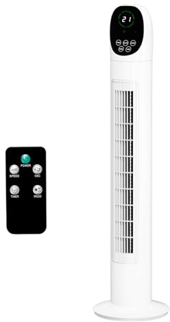 ROVSUN 34 Tower Fan with Remote Control, Bladeless Floor Fan with 3 Modes 3 Speeds & Digital Display, Standing Fan with Oscillating, 9H Timer, Quiet Fan for Cooling Bedroom, Home, Office