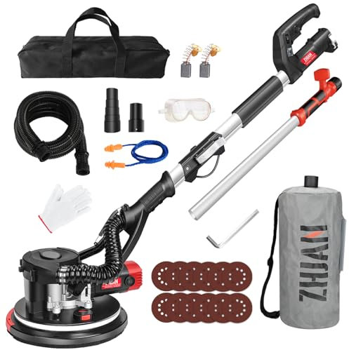 ZHJAN Levigatrice per Muro 880W con aspirazione polvere, 5 velocità (1000-2100 RPM), lisciviazione angoli morti, manico telescopico, LED, strumento rimozione popcorn soffitto 【compatibile aspiratori】
