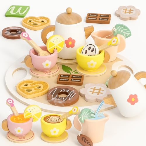 Wooden Tea Set for Toddlers 3-5 20PCS Tea Party Set with Storage Bag Kids Play Tea Set for 3 Year Old Birthday Gift