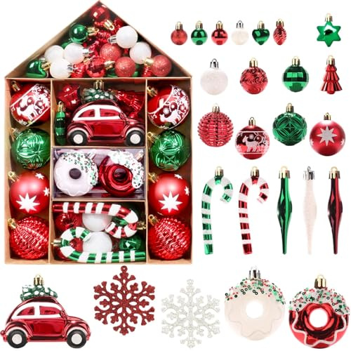 DeckTheHalls 72 Pcs Christmas Ball Ornaments, Christmas Tree Colorful Shatterproof Plastic Hanging Ornaments for Holiday, Wedding, Party Decoration with Strings, Car Snowflake Candy Cane Donut Designs