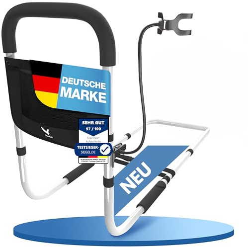 Steinfels® Aufstehhilfe Bett Senioren mit Haltegriff & Handyhalterung – Höhenverstellbar, rutschfest & stabil – Bettgriff mit Tasche – für Pflege-, Senioren- & Boxspringbett, Matratzen & Lattenrost