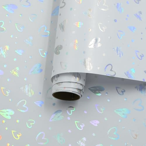 Geschenkpapierrolle, metallisches holografisches Herz-Design, Geschenkpapier für Geburtstag, Valentinstag, Muttertag, Hochzeit, Brautparty, Babyparty, Weihnachten, 43,2 x 3 m, Weiß