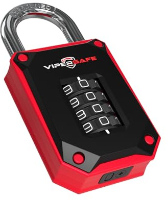 VIPERSAFE 4-Digit Combination Padlock - Heavy Duty Locker Lock for Gym, School & Outdoor Gate - Weatherproof & Cut-Proof 7mm Hardened Steel Shackle - Resettable Keyless Security, 1-Pack (Red)