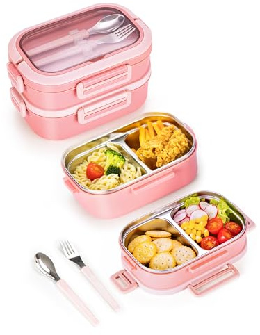 Lille Home Fiambrera de Acero Inoxidable de 2 Niveles, 4 Compartimentos | Caja bento hermética de 1,65L y sin BPA. Contenedor de comida ideal para el trabajo, camping, viajes o fitness