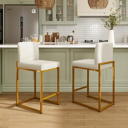 ALPHA HOME Barhocker 2er Set mit Lehne Pu-Leder Küchenhocker, Weiß | Barstuhl 2er Set mit Fußstütze für Küche, Esszimmer, Hausbar, Stabiler Metallstahlrahmen