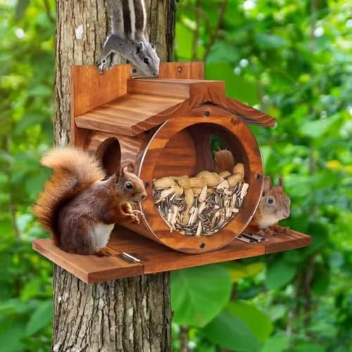 Eichhörnchen Futterhaus wetterfest aus Massivholz, 33x17x24cm Futterstation mit Belüftung, Robuste Futterbox für Garten, Balkon & Baumen, Wildtier-Fütterung Ganzjährig, Natur