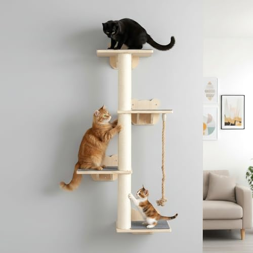 Rascador para gatos hasta el techo 126,5 cm beige, rascador para montaje en pared, árbol rascador para gatos con 4 niveles, árbol para gatos estrecho alto, muebles para gatos con sisal, Cat Tree