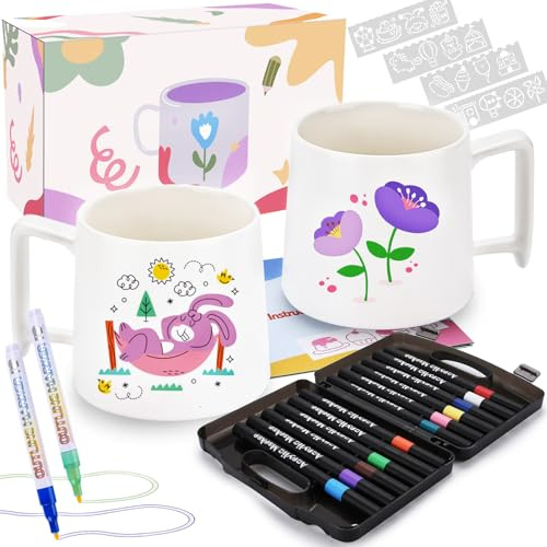 YUTUY Keramik Bemalen Set,Keramik Tassen Bemalen Set,Tassen Bemalen Sets für Erwachsene,Geschenk für Erwachsene Enthält 2*tassen,14*pinsel und Anleitung,Porzellan zum Bemalens