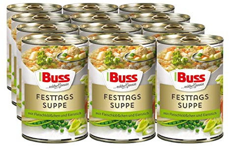 Buss Klassische Suppen - Feine Festtagssuppe mit Fleischklößchen - Leckere Gemüsesuppe mit Eierstich und Nudeln - Schnelle Fertiggerichte zum Aufwärmen in Mikrowelle & Topf - Lange haltbar - 12 x 400g