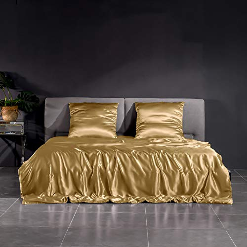 THXSILK 22 Momme Seidenbettwäsche Set 3 teilig, Bettbezug 200 x 200 cm und 2 Kissenbezüge 80 x 80 cm, Hypoallergen Maulbeerseide Bettbezug Set, Ultra Weich und Glatt, Gold
