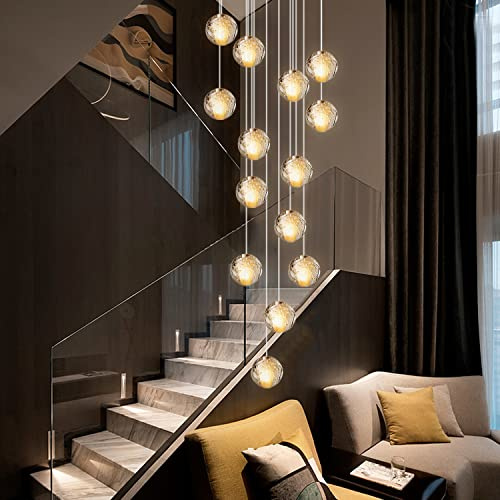 KJLARS Pendelleuchte LED Moderne Glas Kristall Hängeleuchte Höheverstellbar Lüster Dekoratives Kronleuchter für Villa Treppe Wohzimmer Esszimmer Schlafzimmer Pendellampe (14 Bälle Rectangle)