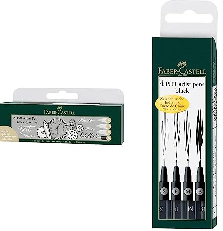 Faber-Castell 167151 - Tuschestift Pitt Artist Pen Black and White, 4er Set & 167100 - Tuschestift PITT artist pen, 4er Packung, Inhalt: S, F, M, B, schwarz