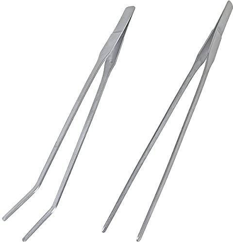 2 Pcs Feeding Tongs, Aquarium Tweezers Stainless Steel Straight and Curved Tweezers Set 27cm/10.6 inches Aquascaping Tools for Hold Worms, Reptiles, Lizards, Bearded Dragon (Silver)