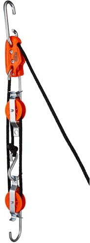 Tie Boss - Self Locking, Block and Tackle Pulley Hoist System with 35 ft of Polypropylene Solid Braided Rope. (Rated for 300lbs)