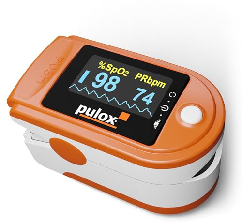 Pulsoximeter Pulox PO-200 Solo in Orange - Messung von Sauerstoffsättigung (SpO₂), Herzfrequenz (Puls) und Perfusions Index (PI)
