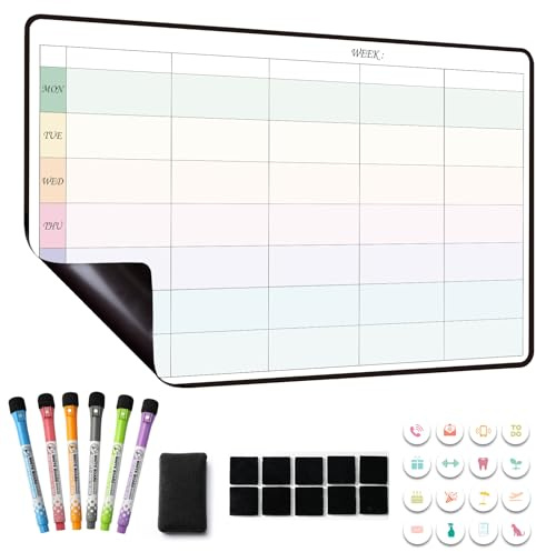 MCCORL Magnetic Family Planner 5 Columns, Weekly Planner Whiteboard for Fridge Calendar, Perfect as Family Chores Chart,Reminder and Memo Board, wipeable (Monday to Sunday)