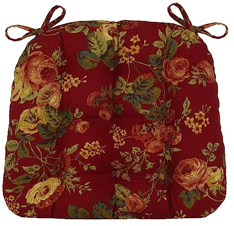 Barnett Home Decor Dining Chair Pad with Ties Bethany Red Floral - Size Small 15 x 17 Chair Cushion - Latex Foam Fill - Tufted Seat Cushion