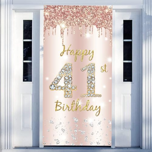 41. Geburtstag Deko Frauen, Happy 41st Birthday Door Banner Roségold Stoff Schild Plakat Türdekoration, 41. Geburtstag Hintergrund Banner Damen, Geburtstagsfeier Willkommensschild