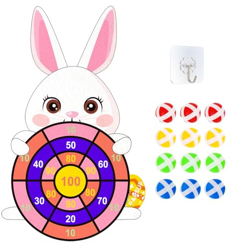 Easter Dart Board Game Set, Cute Bunny Party Board Games with 12 Stick Balls, Happy Easter Indoor Outdoor Games for Kids Ages 4-8, Party Games Yard Toys