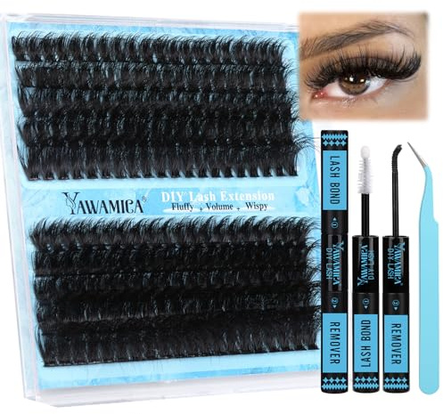 Yawamica Kit de extensión de pestañas esponjosas 150D+200D, kit de extensión de pestañas individuales de 12-20 mm con unión de pestañas, removedor de pestañas, pinzas para extensiones de pestañas DIY