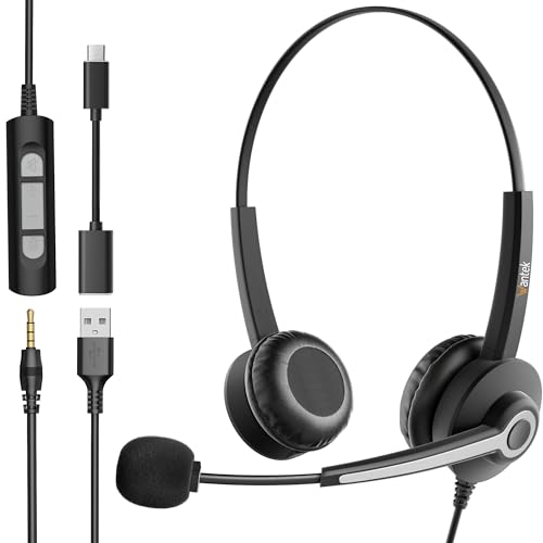 Wantek Headsets mit Noise Cancelling Mikrofon,USB/Type-c/3.5mm Jack 3-in-1 PC Headsets,USB Headsets und Kabel Lautstärkeregelung für Call Center,Skype,Zoom,Home Office,Online-Kurse,Klar Chat