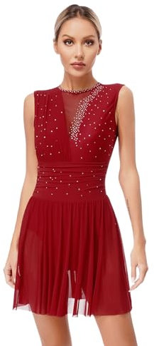 ranrann Damen Eislaufkleid Ärmellos Glitzern Tanzkleid Eiskunstlauf Kleid Ballettkleid Trikotanzug Tanzkleidung Bühne Wettkapmf Outfit Burgundy S