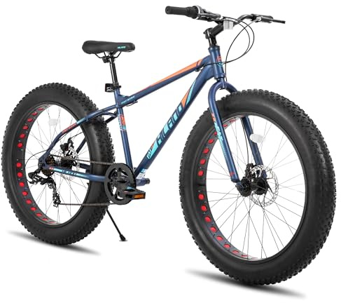 Hiland 24 Inch Fat Tire Mountain Bike for Boys and Girls, 7-Speed Mountain Bike, Double Disc Brake, Beach And Snow Bike Blue
